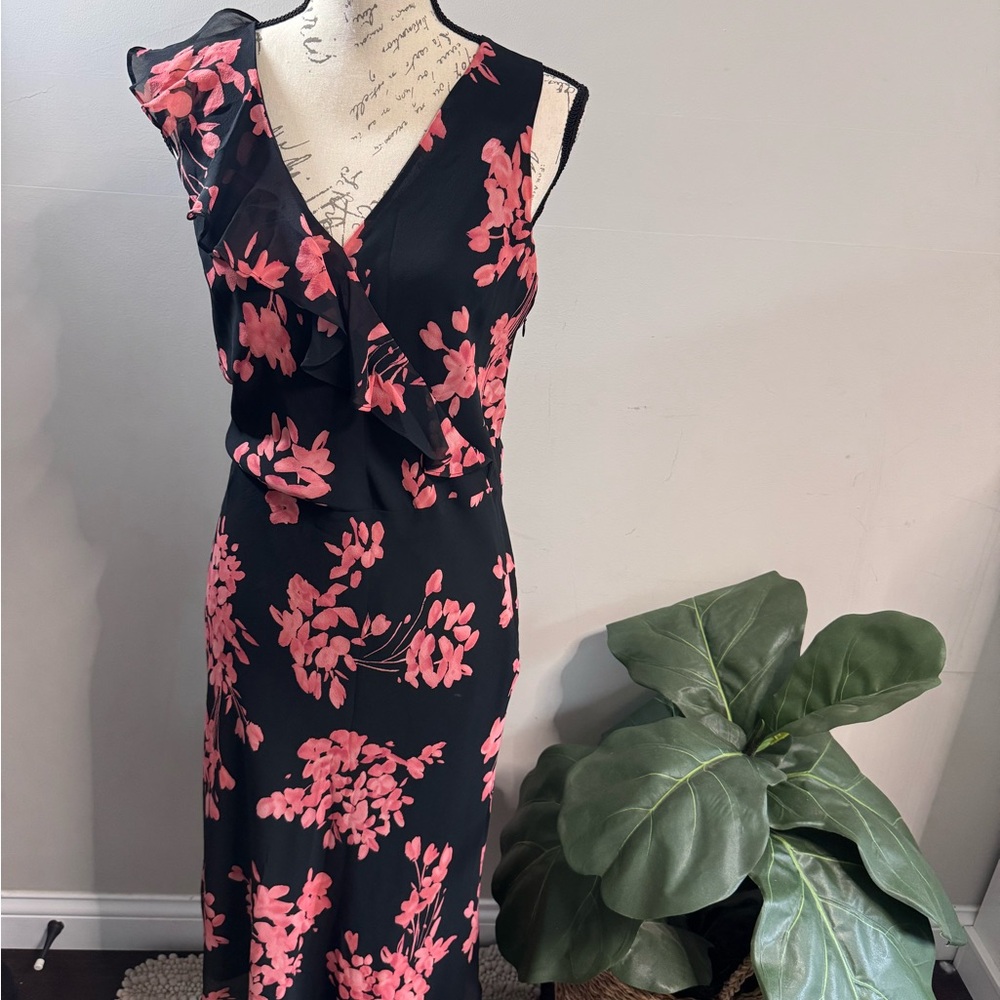 The Limited Silk Dress Size 10 Black Pink Floral Ruffle V Neck Midi Side Slit
